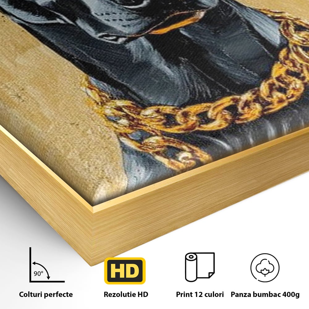 Detaliu al suprafetei: tablou canvas cu doberman negru, in rama de aluminiu auriu